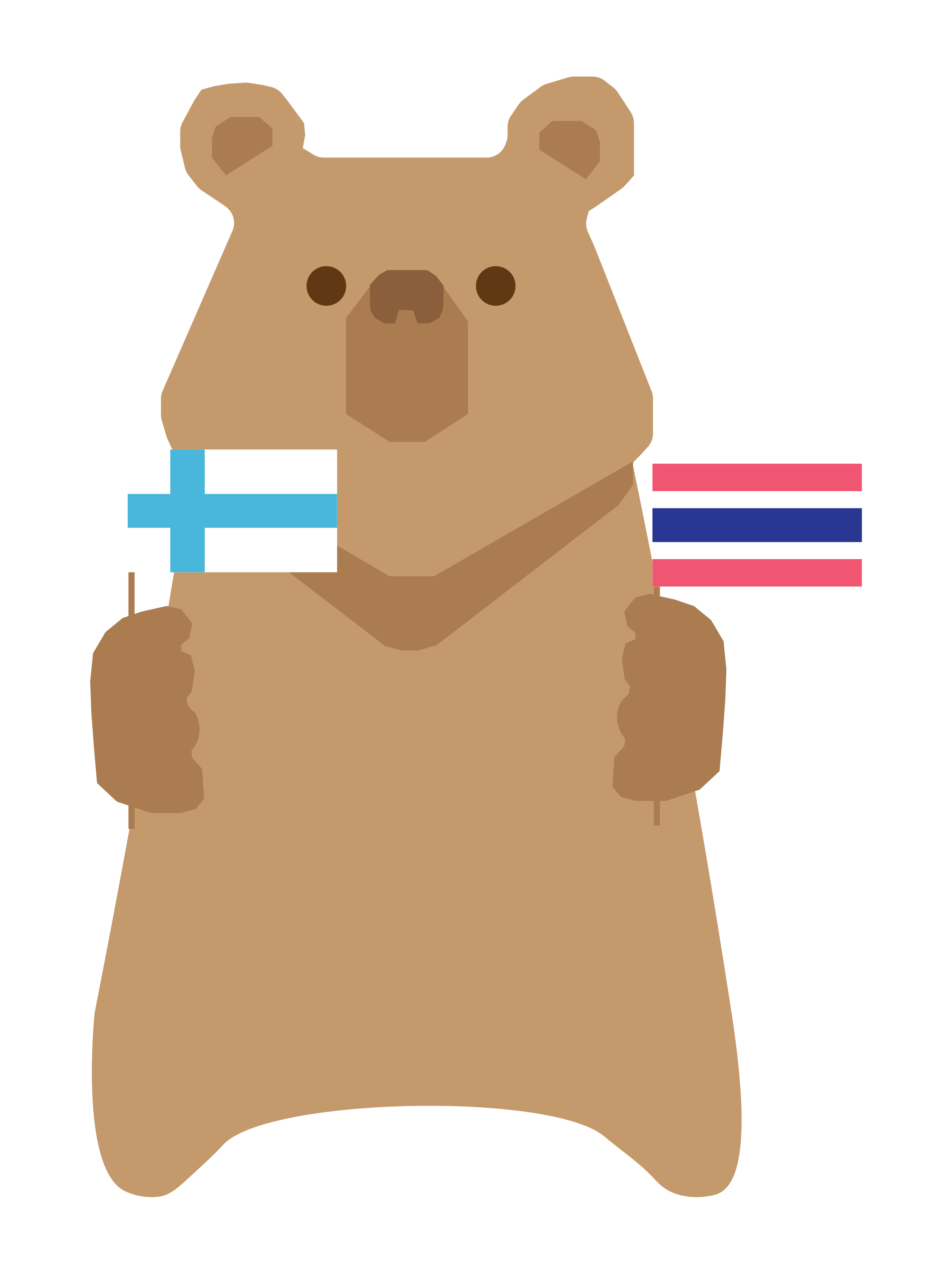Anvida School bear mascot holding Finland and Thailand flags
